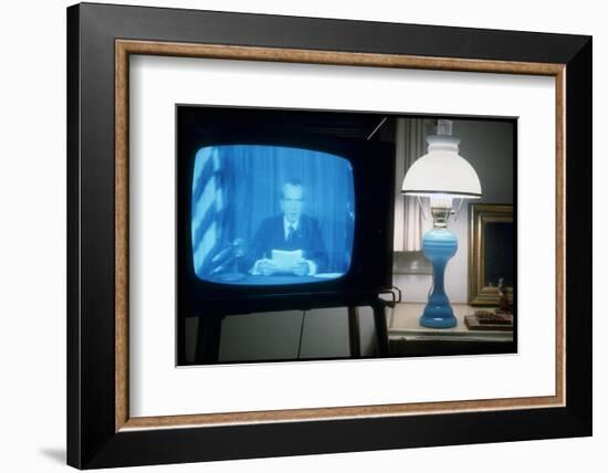 TV Image of President Richard M. Nixon Announcing His Resignation in Speech from the Oval Office-Gjon Mili-Framed Photographic Print