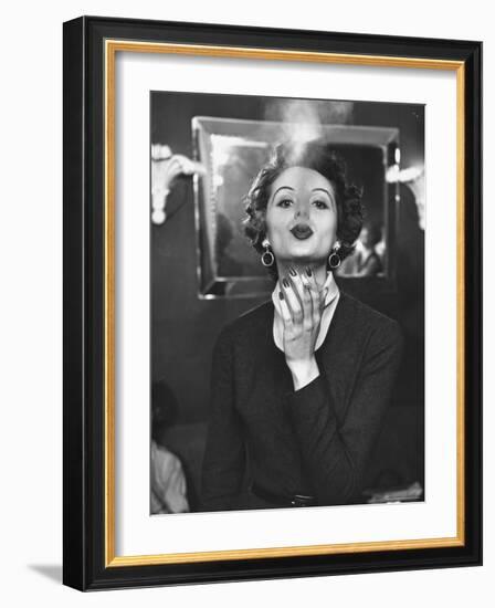 TV Model Nancy Driver Showing Correct Smoking Technique For TV Commercial-Peter Stackpole-Framed Photographic Print