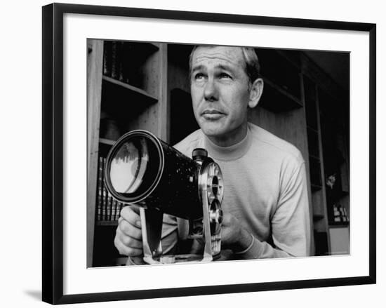 TV Star Johnny Carson at Home Studying Astronomy from the Large Telescope in His Window-Arthur Schatz-Framed Premium Photographic Print