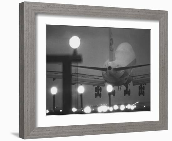 Twa Plane Landing at O'Hare Airport-null-Framed Premium Photographic Print