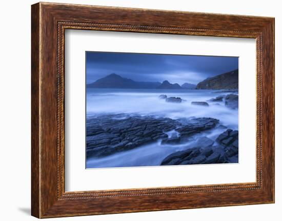 Twilight on the rocky coast of Elgol, looking across to the Cuillin mountains, Isle of Skye, Scotla-Adam Burton-Framed Photographic Print