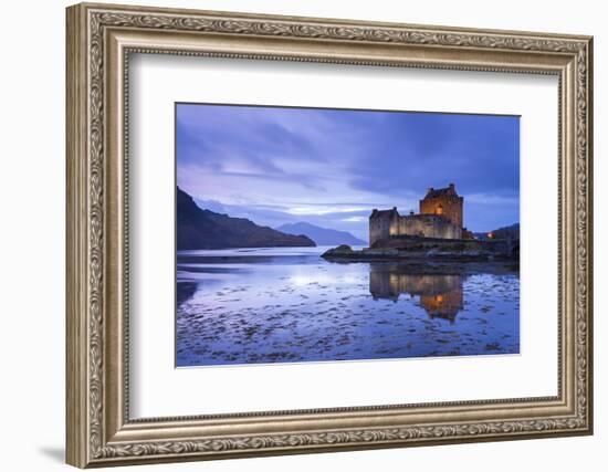 Twilight over Eilean Donan Castle on Loch Duich, Dornie, Scotland. Winter (November)-Adam Burton-Framed Photographic Print