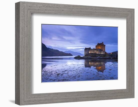 Twilight over Eilean Donan Castle on Loch Duich, Dornie, Scotland. Winter (November)-Adam Burton-Framed Photographic Print