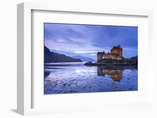 Twilight over Eilean Donan Castle on Loch Duich, Dornie, Scotland. Winter (November)-Adam Burton-Framed Photographic Print