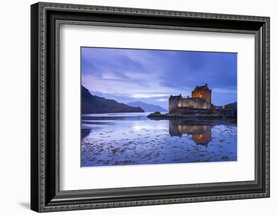 Twilight over Eilean Donan Castle on Loch Duich, Dornie, Scotland. Winter (November)-Adam Burton-Framed Photographic Print