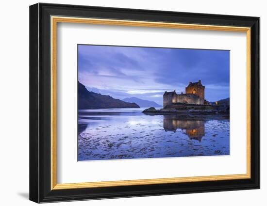 Twilight over Eilean Donan Castle on Loch Duich, Dornie, Scotland. Winter (November)-Adam Burton-Framed Photographic Print