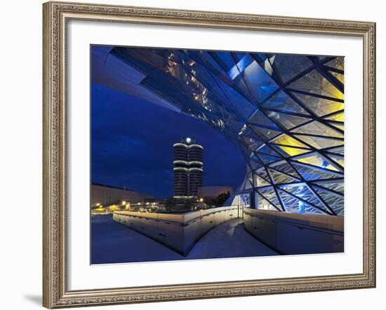 Twilight View of Pedestrian Bridge to BMW Headquarters Office Building and Museum, BMW-Cahir Davitt-Framed Photographic Print