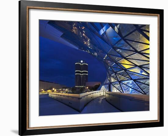 Twilight View of Pedestrian Bridge to BMW Headquarters Office Building and Museum, BMW-Cahir Davitt-Framed Photographic Print