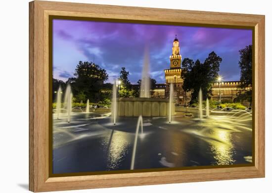 Twilight view of Sforza Castle or Castello Sforzesco and fountain, Milan, Lombardy, Italy-Stefano Politi Markovina-Framed Premier Image Canvas