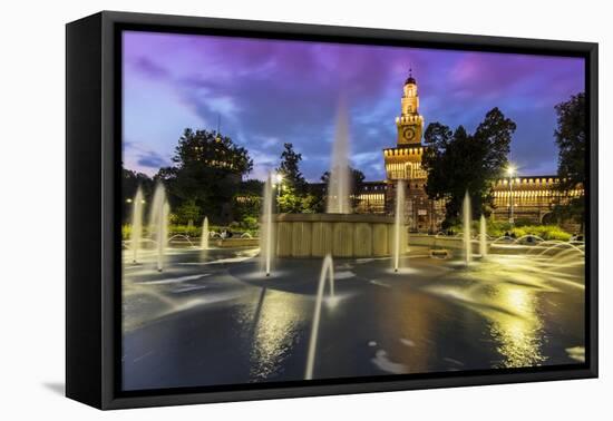 Twilight view of Sforza Castle or Castello Sforzesco and fountain, Milan, Lombardy, Italy-Stefano Politi Markovina-Framed Premier Image Canvas