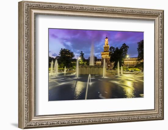 Twilight view of Sforza Castle or Castello Sforzesco and fountain, Milan, Lombardy, Italy-Stefano Politi Markovina-Framed Photographic Print