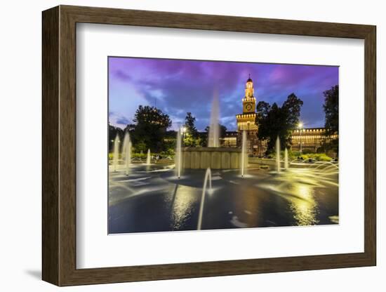 Twilight view of Sforza Castle or Castello Sforzesco and fountain, Milan, Lombardy, Italy-Stefano Politi Markovina-Framed Photographic Print