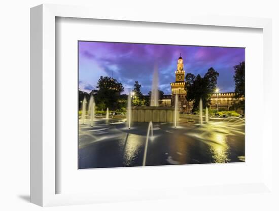 Twilight view of Sforza Castle or Castello Sforzesco and fountain, Milan, Lombardy, Italy-Stefano Politi Markovina-Framed Photographic Print