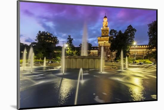 Twilight view of Sforza Castle or Castello Sforzesco and fountain, Milan, Lombardy, Italy-Stefano Politi Markovina-Mounted Photographic Print