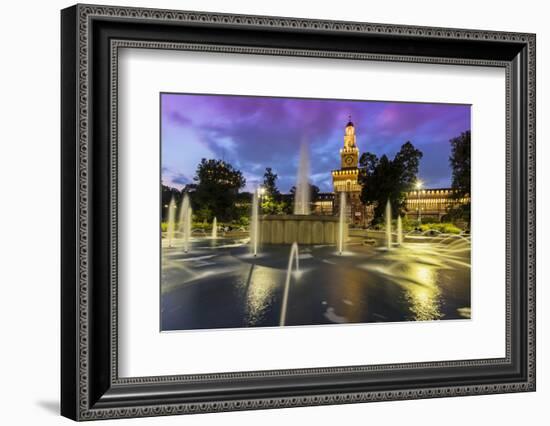 Twilight view of Sforza Castle or Castello Sforzesco and fountain, Milan, Lombardy, Italy-Stefano Politi Markovina-Framed Photographic Print