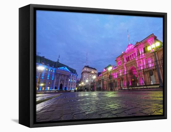 Twilight view of the Casa Rosada and Banco de la Nacion, City of Buenos Aires, Buenos Aires Provinc-Karol Kozlowski-Framed Premier Image Canvas