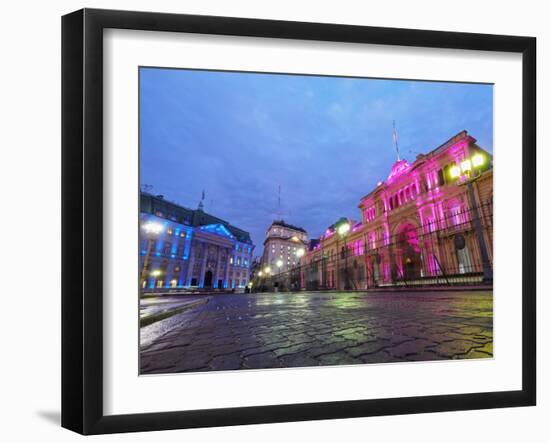 Twilight view of the Casa Rosada and Banco de la Nacion, City of Buenos Aires, Buenos Aires Provinc-Karol Kozlowski-Framed Photographic Print