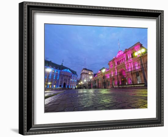 Twilight view of the Casa Rosada and Banco de la Nacion, City of Buenos Aires, Buenos Aires Provinc-Karol Kozlowski-Framed Photographic Print