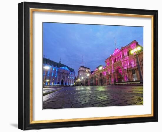 Twilight view of the Casa Rosada and Banco de la Nacion, City of Buenos Aires, Buenos Aires Provinc-Karol Kozlowski-Framed Photographic Print