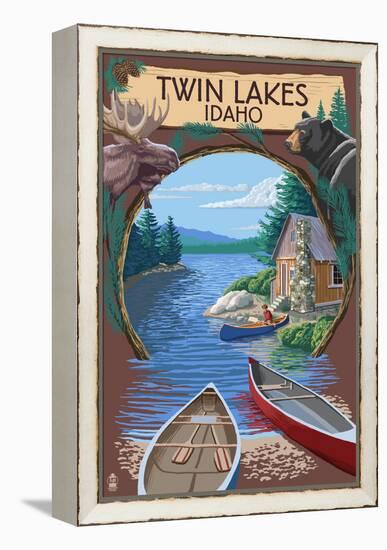 Twin Lakes, Idaho - Cabin on Lake Montage-Lantern Press-Framed Stretched Canvas