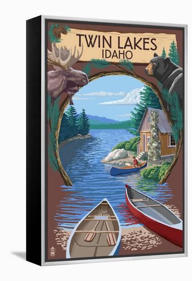 Twin Lakes, Idaho - Cabin on Lake Montage-Lantern Press-Framed Stretched Canvas