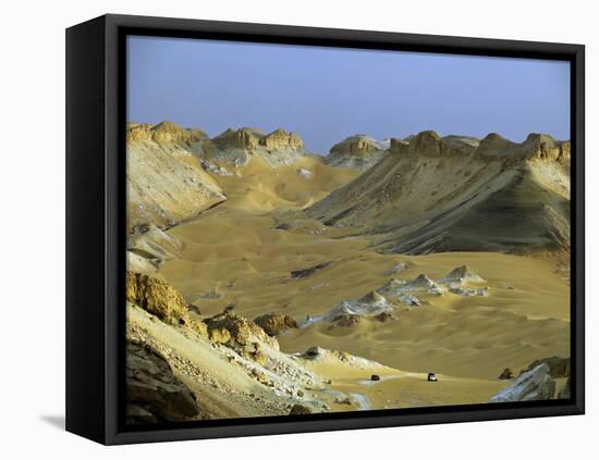 Two 4X4S Descend from the Escarpment on the Approach to Dakhla Oasis in the Western Desert, Egypt-Julian Love-Framed Premier Image Canvas