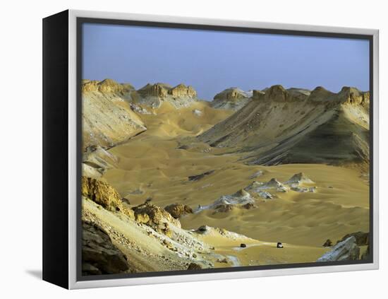 Two 4X4S Descend from the Escarpment on the Approach to Dakhla Oasis in the Western Desert, Egypt-Julian Love-Framed Premier Image Canvas