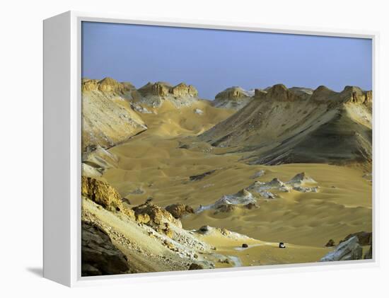 Two 4X4S Descend from the Escarpment on the Approach to Dakhla Oasis in the Western Desert, Egypt-Julian Love-Framed Premier Image Canvas