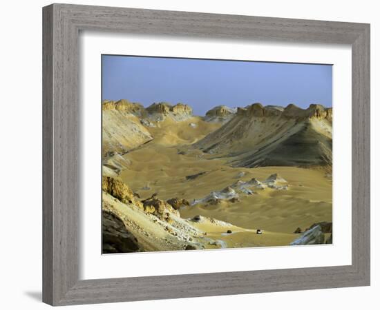 Two 4X4S Descend from the Escarpment on the Approach to Dakhla Oasis in the Western Desert, Egypt-Julian Love-Framed Photographic Print