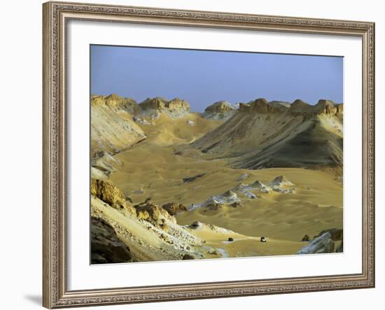 Two 4X4S Descend from the Escarpment on the Approach to Dakhla Oasis in the Western Desert, Egypt-Julian Love-Framed Photographic Print