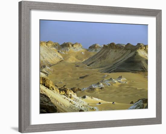 Two 4X4S Descend from the Escarpment on the Approach to Dakhla Oasis in the Western Desert, Egypt-Julian Love-Framed Photographic Print