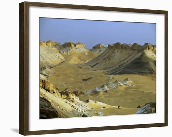 Two 4X4S Descend from the Escarpment on the Approach to Dakhla Oasis in the Western Desert, Egypt-Julian Love-Framed Photographic Print