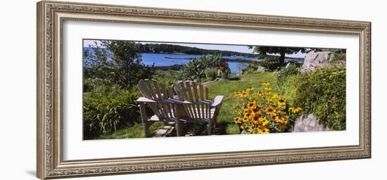 Two Adirondack Chairs in a Garden, Peaks Island, Casco Bay, Maine, USA-null-Framed Photographic Print