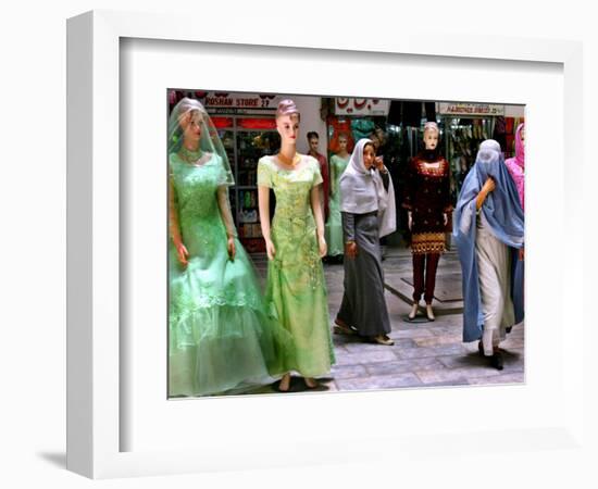 Two Afghan Woman Walk Next to Mannequins at a Women's Gallery Downtown Kabul-null-Framed Photographic Print