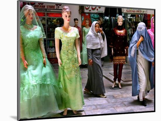 Two Afghan Woman Walk Next to Mannequins at a Women's Gallery Downtown Kabul-null-Mounted Photographic Print