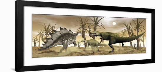 Two Allosaurus Dinosaurs Attack a Lone Stegosaurus in the Desert-Stocktrek Images-Framed Art Print