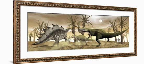 Two Allosaurus Dinosaurs Attack a Lone Stegosaurus in the Desert-Stocktrek Images-Framed Art Print