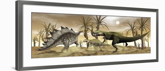 Two Allosaurus Dinosaurs Attack a Lone Stegosaurus in the Desert-Stocktrek Images-Framed Art Print