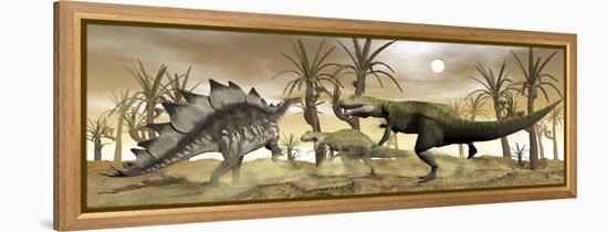 Two Allosaurus Dinosaurs Attack a Lone Stegosaurus in the Desert-Stocktrek Images-Framed Stretched Canvas