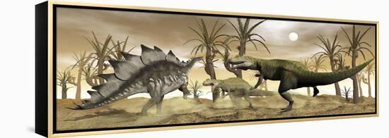 Two Allosaurus Dinosaurs Attack a Lone Stegosaurus in the Desert-Stocktrek Images-Framed Stretched Canvas