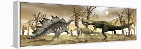 Two Allosaurus Dinosaurs Attack a Lone Stegosaurus in the Desert-Stocktrek Images-Framed Stretched Canvas