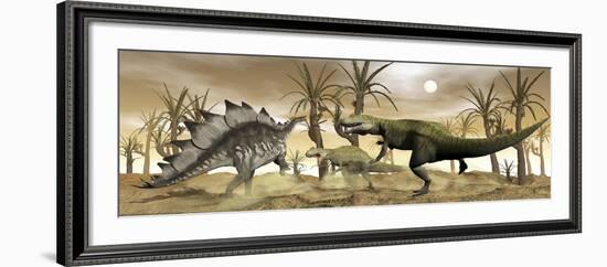 Two Allosaurus Dinosaurs Attack a Lone Stegosaurus in the Desert-Stocktrek Images-Framed Art Print