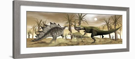 Two Allosaurus Dinosaurs Attack a Lone Stegosaurus in the Desert-Stocktrek Images-Framed Art Print