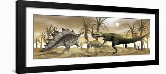 Two Allosaurus Dinosaurs Attack a Lone Stegosaurus in the Desert-Stocktrek Images-Framed Art Print