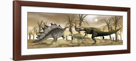 Two Allosaurus Dinosaurs Attack a Lone Stegosaurus in the Desert-Stocktrek Images-Framed Art Print