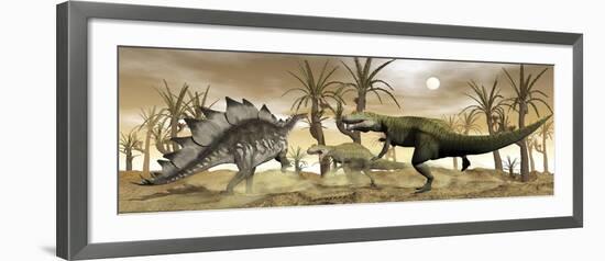 Two Allosaurus Dinosaurs Attack a Lone Stegosaurus in the Desert-Stocktrek Images-Framed Art Print