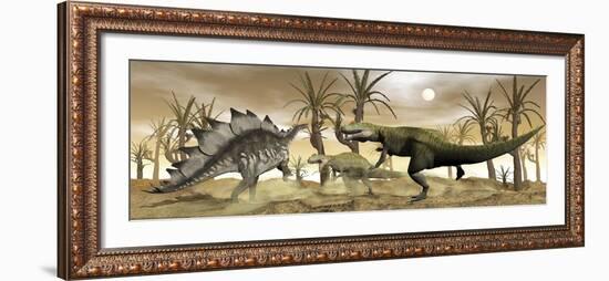 Two Allosaurus Dinosaurs Attack a Lone Stegosaurus in the Desert-Stocktrek Images-Framed Art Print