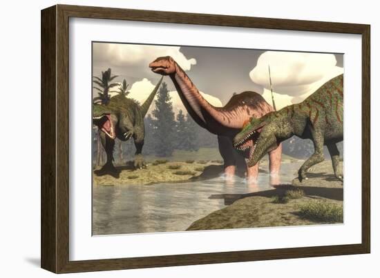 Two Allosaurus Dinosaurs Attacking a Large Apatosaurus-Stocktrek Images-Framed Art Print