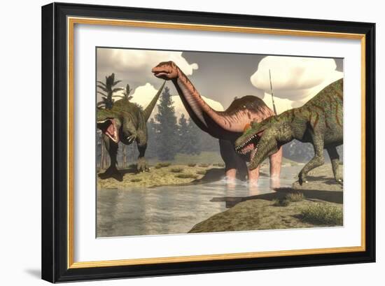 Two Allosaurus Dinosaurs Attacking a Large Apatosaurus-Stocktrek Images-Framed Art Print