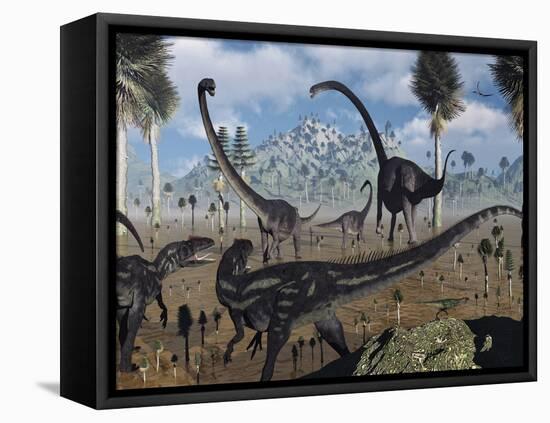 Two Allosaurus Predators Plan their Attack on a Young Omeisaurus-Stocktrek Images-Framed Premier Image Canvas